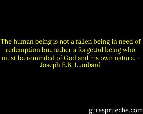 The human being is not a fallen being in need of redemption but rather a forgetful being who must be reminded of God and his own nature. - Joseph E.B. Lumbard