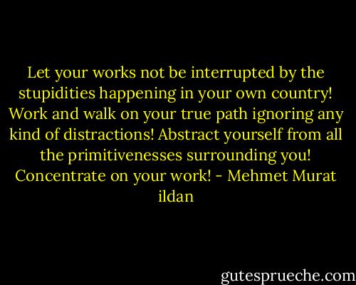 Let your works not be interrupted by the stupidities happening in your own country! Work and walk on your true path ignoring any kind of distractions! Abstract yourself from all the primitivenesses surrounding you! Concentrate on your work! - Mehmet Murat ildan