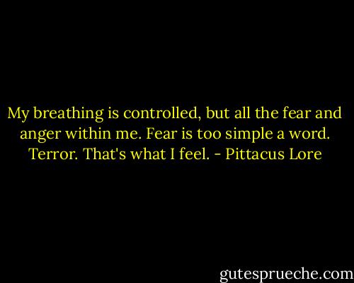 My breathing is controlled, but all the fear and anger within me. Fear is too simple a word. Terror. That's what I feel. - Pittacus Lore