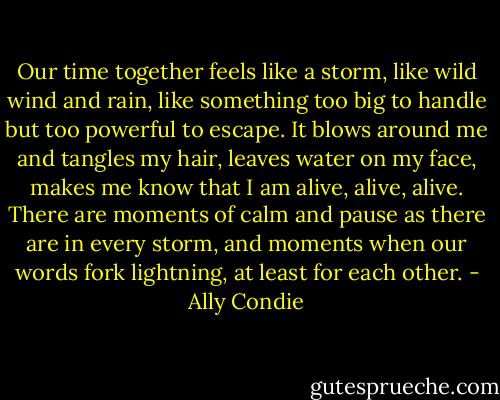 Our time together feels like a storm, like wild wind and rain, like something too big to handle but too powerful to escape. It blows around me and tangles my hair, leaves water on my face, makes me know that I am alive, alive, alive. There are moments of calm and pause as there are in every storm, and moments when our words fork lightning, at least for each other. - Ally Condie
