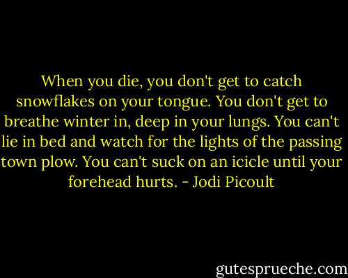 When you die, you don't get to catch snowflakes on your tongue. You don't get to breathe winter in, deep in your lungs. You can't lie in bed and watch for the lights of the passing town plow. You can't suck on an icicle until your forehead hurts. - Jodi Picoult