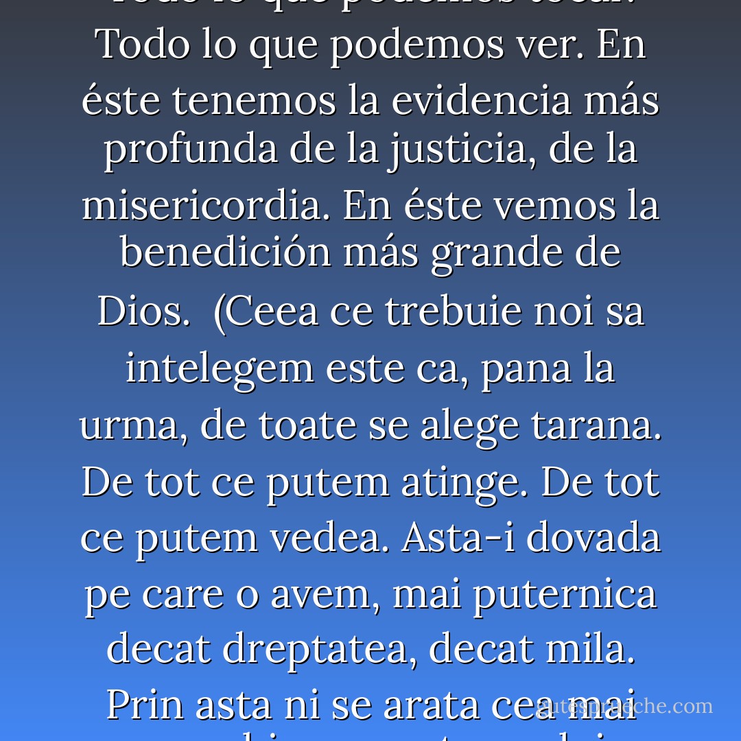 Lo que debemos entender es que ultimamente todo es polvo. Todo lo que podemos tocar. Todo lo que podemos ver. En éste tenemos la evidencia más profunda de la justicia, de la misericordia. En éste vemos la benedición más grande de Dios.<br /><br />(Ceea ce trebuie noi sa intelegem este ca, pana la urma, de toate se alege tarana. De tot ce putem atinge. De tot ce putem vedea. Asta-i dovada pe care o avem, mai puternica decat dreptatea, decat mila. Prin asta ni se arata cea mai mare binecuvantare a lui Dumnezeu.) - Cormac McCarthy