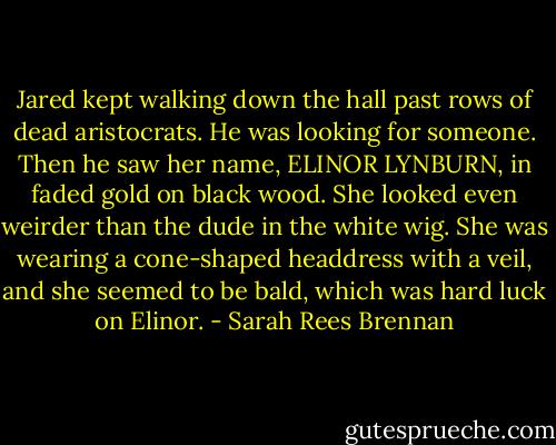 Jared kept walking down the hall past rows of dead aristocrats. He was looking for someone. Then he saw her name, ELINOR LYNBURN, in faded gold on black wood. She looked even weirder than the dude in the white wig. She was wearing a cone-shaped headdress with a veil, and she seemed to be bald, which was hard luck on Elinor. - Sarah Rees Brennan