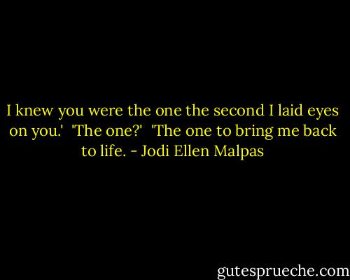 I knew you were the one the second I laid eyes on you.'<br /><br />'The one?'<br /><br />'The one to bring me back to life. - Jodi Ellen Malpas