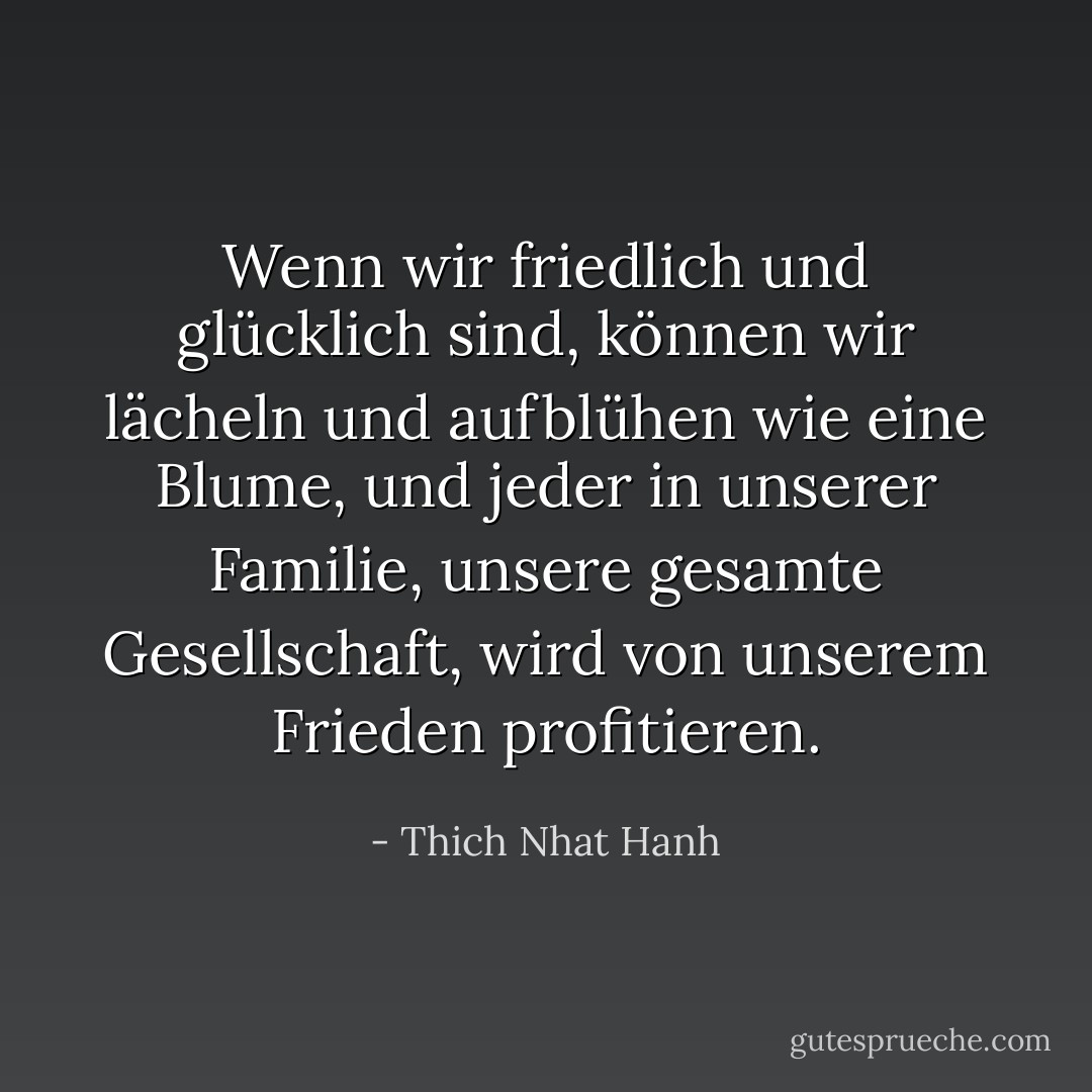 Wenn wir friedlich und glücklich sind, können wir lächeln und aufblühen wie eine Blume, und jeder in unserer Familie, unsere gesamte Gesellschaft, wird von unserem Frieden profitieren. - Thich Nhat Hanh<
