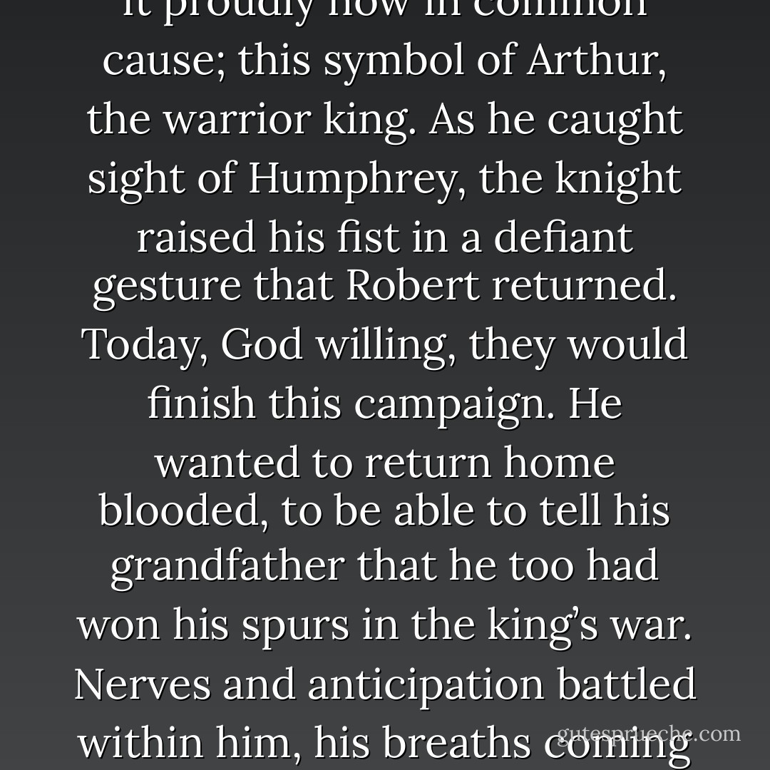 Robert rode beneath the banner of Carrick, the dragon shield on his left arm. He wore it proudly now in common cause; this symbol of Arthur, the warrior king. As he caught sight of Humphrey, the knight raised his fist in a defiant gesture that Robert returned. Today, God willing, they would finish this campaign. He wanted to return home blooded, to be able to tell his grandfather that he too had won his spurs in the king’s war. Nerves and anticipation battled within him, his breaths coming hard and fast in the tight encasement of his helm. - Robyn Young