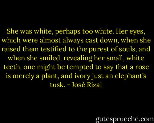She was white, perhaps too white. Her eyes, which were almost always cast down, when she raised them testified to the purest of souls, and when she smiled, revealing her small, white teeth, one might be tempted to say that a rose is merely a plant, and ivory just an elephant’s tusk. - José Rizal
