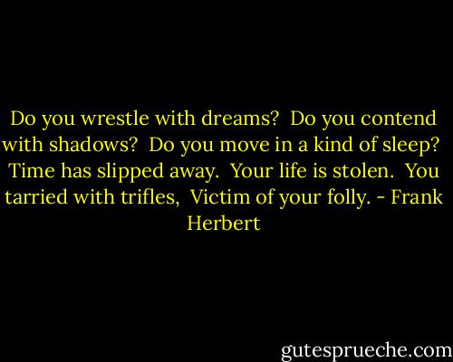 Do you wrestle with dreams?<br /> Do you contend with shadows?<br /> Do you move in a kind of sleep?<br /> Time has slipped away.<br /> Your life is stolen.<br /> You tarried with trifles,<br /> Victim of your folly. - Frank Herbert