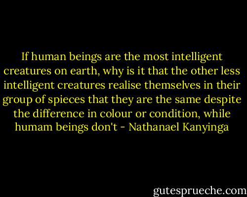 If human beings are the most intelligent creatures on earth, why is it that the other less intelligent creatures realise themselves in their group of spieces that they are the same despite the difference in colour or condition, while humam beings don't - Nathanael Kanyinga