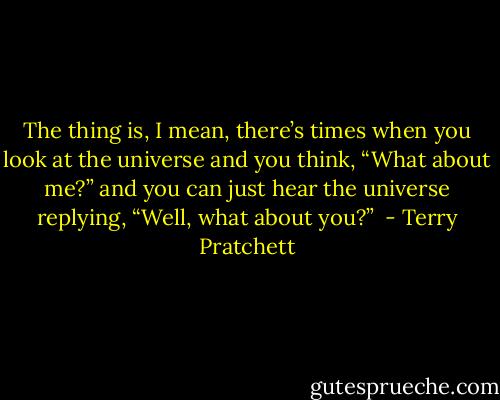 The thing is, I mean, there’s times when you look at the universe and you think, “What about me?” and you can just hear the universe replying, “Well, what about you?”  - Terry Pratchett