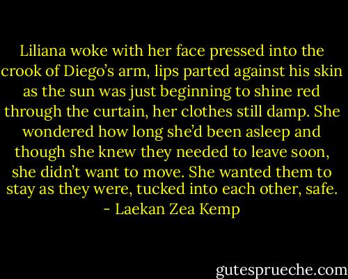 Liliana woke with her face pressed into the crook of Diego’s arm, lips parted against his skin as the sun was just beginning to shine red through the curtain, her clothes still damp. She wondered how long she’d been asleep and though she knew they needed to leave soon, she didn’t want to move. She wanted them to stay as they were, tucked into each other, safe. - Laekan Zea Kemp
