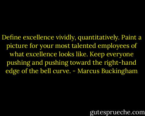 Define excellence vividly, quantitatively. Paint a picture for your most talented employees of what excellence looks like. Keep everyone pushing and pushing toward the right-hand edge of the bell curve. - Marcus Buckingham