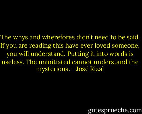 The whys and wherefores didn’t need to be said. If you are reading this have ever loved someone, you will understand. Putting it into words is useless. The uninitiated cannot understand the mysterious. - José Rizal