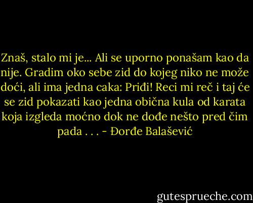 Znaš, stalo mi je... Ali se uporno ponašam kao da nije. Gradim oko sebe zid do kojeg niko ne može doći, ali ima jedna caka: Priđi! Reci mi reč i taj će se zid pokazati kao jedna obična kula od karata koja izgleda moćno dok ne dođe nešto pred čim pada . . . - Đorđe Balašević