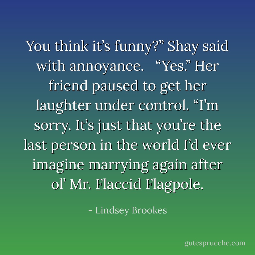 You think it’s funny?” Shay said with annoyance. <br /><br />“Yes.” Her friend paused to get her laughter under control. “I’m sorry. It’s just that you’re the last person in the world I’d ever imagine marrying again after ol’ Mr. Flaccid Flagpole. - Lindsey Brookes