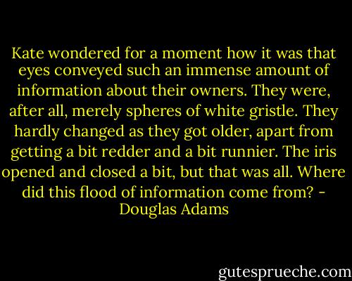 Kate wondered for a moment how it was that eyes conveyed such an immense amount of information about their owners. They were, after all, merely spheres of white gristle. They hardly changed as they got older, apart from getting a bit redder and a bit runnier. The iris opened and closed a bit, but that was all. Where did this flood of information come from? - Douglas Adams
