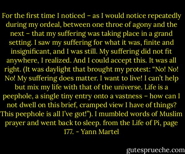 For the first time I noticed – as I would notice repeatedly during my ordeal, between one throe of agony and the next – that my suffering was taking place in a grand setting. I saw my suffering for what it was, finite and insignificant, and I was still. My suffering did not fit anywhere, I realized. And I could accept this. It was all right. (It was daylight that brought my protest: “No! No! No! My suffering does matter. I want to live! I can’t help but mix my life with that of the universe. Life is a peephole, a single tiny entry onto a vastness – how can I not dwell on this brief, cramped view I have of things? This peephole is all I’ve got!”). I mumbled words of Muslim prayer and went back to sleep. from the Life of Pi, page 177. - Yann Martel