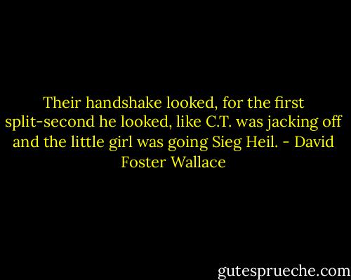 Their handshake looked, for the first split-second he looked, like C.T. was jacking off and the little girl was going Sieg Heil. - David Foster Wallace