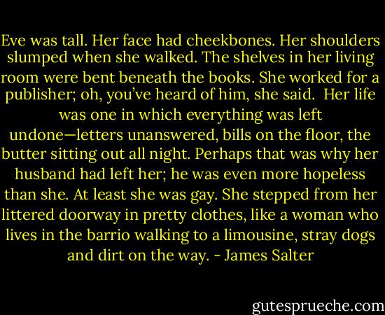 Eve was tall. Her face had cheekbones. Her shoulders slumped when she walked. The shelves in her living room were bent beneath the books. She worked for a publisher; oh, you’ve heard of him, she said.<br /><br />Her life was one in which everything was left undone—letters unanswered, bills on the floor, the butter sitting out all night. Perhaps that was why her husband had left her; he was even more hopeless than she. At least she was gay. She stepped from her littered doorway in pretty clothes, like a woman who lives in the barrio walking to a limousine, stray dogs and dirt on the way. - James Salter