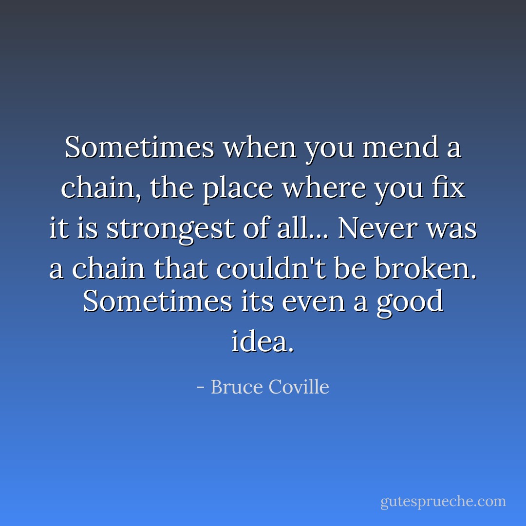 Sometimes when you mend a chain, the place where you fix it is strongest of all... Never was a chain that couldn't be broken. Sometimes its even a good idea. - Bruce Coville