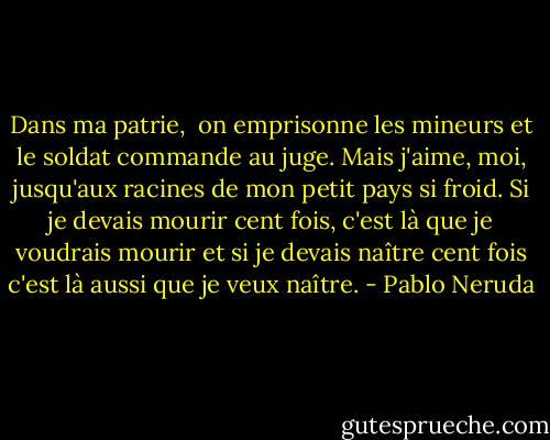 Dans ma patrie, <br />on emprisonne les mineurs<br />et le soldat commande au juge.<br />Mais j'aime, moi, jusqu'aux racines<br />de mon petit pays si froid.<br />Si je devais mourir cent fois,<br />c'est là que je voudrais mourir<br />et si je devais naître cent fois<br />c'est là aussi que je veux naître. - Pablo Neruda