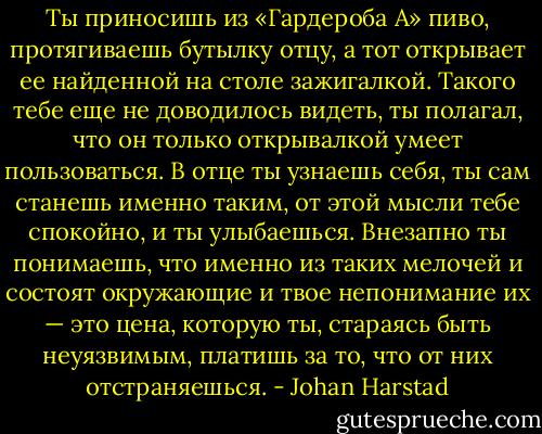 Ты приносишь из «Гардероба А» пиво, протягиваешь бутылку отцу, а тот открывает ее найденной на столе зажигалкой. Такого тебе еще не доводилось видеть, ты полагал, что он только открывалкой умеет пользоваться. В отце ты узнаешь себя, ты сам станешь именно таким, от этой мысли тебе спокойно, и ты улыбаешься. Внезапно ты понимаешь, что именно из таких мелочей и состоят окружающие и твое непонимание их — это цена, которую ты, стараясь быть неуязвимым, платишь за то, что от них отстраняешься. - Johan Harstad
