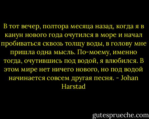 В тот вечер, полтора месяца назад, когда я в канун нового года очутился в море и начал пробиваться сквозь толщу воды, в голову мне пришла одна мысль. По-моему, именно тогда, очутившись под водой, я влюбился. В этом мире нет ничего нового, но под водой начинается совсем другая песня. - Johan Harstad