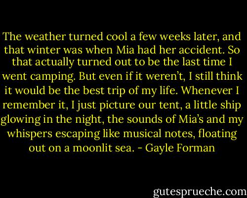 The weather turned cool a few weeks later, and that winter was when Mia had her accident. So that actually turned out to be the last time I went camping. But even if it weren’t, I still think it would be the best trip of my life. Whenever I remember it, I just picture our tent, a little ship glowing in the night, the sounds of Mia’s and my whispers escaping like musical notes, floating out on a moonlit sea. - Gayle Forman