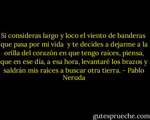 Si consideras largo y loco<br />el viento de banderas <br />que pasa por mi vida <br />y te decides a dejarme a la orilla del corazón en que tengo raíces,<br />piensa, que en ese día, a esa hora, levantaré los brazos y saldrán mis raíces a buscar otra tierra. - Pablo Neruda