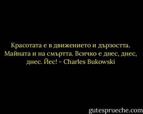 Красотата е в движението и дързостта. Майната и на смъртта. Всичко е днес, днес, днес. Йес! - Charles Bukowski