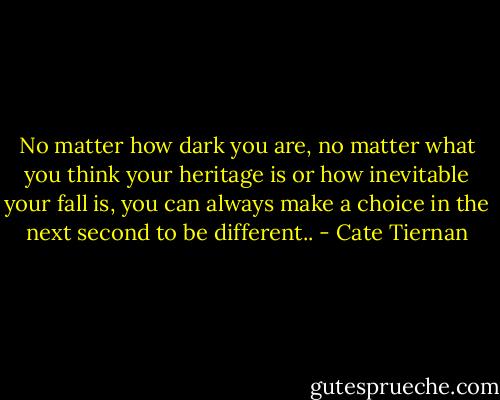 No matter how dark you are, no matter what you think your heritage is or how inevitable your fall is, you can always make a choice in the next second to be different.. - Cate Tiernan