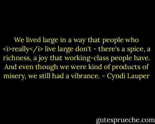 We lived large in a way that people who <i>really</i> live large don't - there's a spice, a richness, a joy that working-class people have. And even though we were kind of products of misery, we still had a vibrance. - Cyndi Lauper