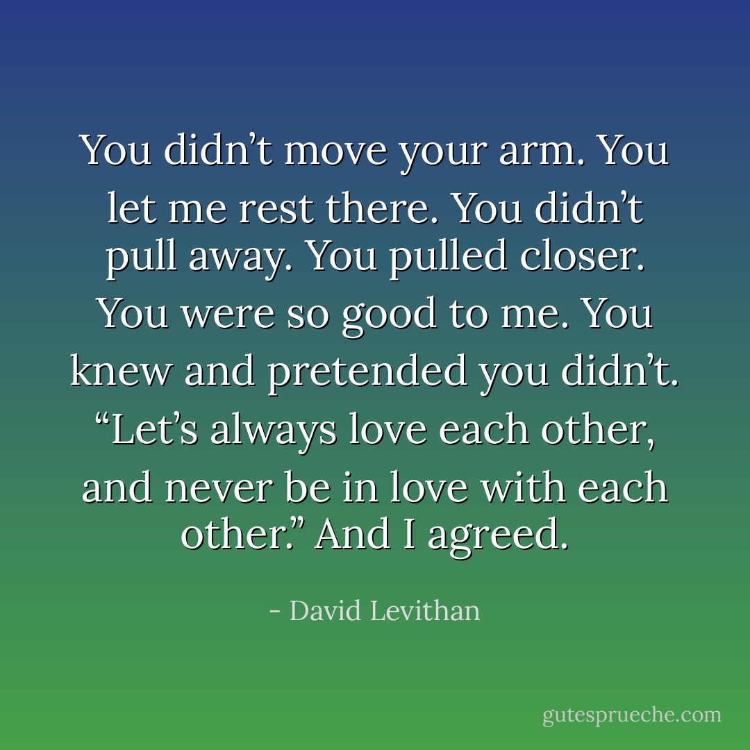 You didn’t move your arm. You let me rest there. You didn’t pull away. You pulled closer. You were so good to me. You knew and pretended<br />you didn’t.<br />“Let’s always love each other, and never be in love with each other.”<br />And I agreed. - David Levithan