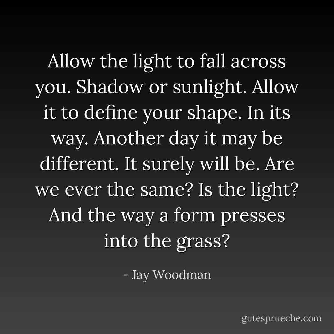 Allow the light to fall across you. Shadow or sunlight. Allow it to define your shape. In its way. Another day it may be different. It surely will be. Are we ever the same? Is the light? And the way a form presses into the grass? - Jay Woodman