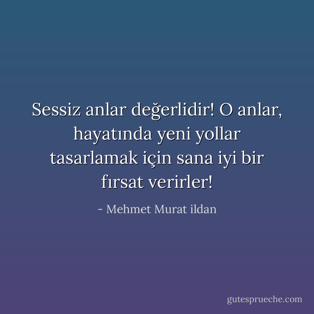 Sessiz anlar değerlidir! O anlar, hayatında yeni yollar tasarlamak için sana iyi bir fırsat verirler! - Mehmet Murat ildan