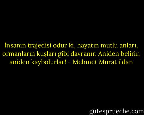 İnsanın trajedisi odur ki, hayatın mutlu anları, ormanların kuşları gibi davranır: Aniden belirir, aniden kaybolurlar! - Mehmet Murat ildan