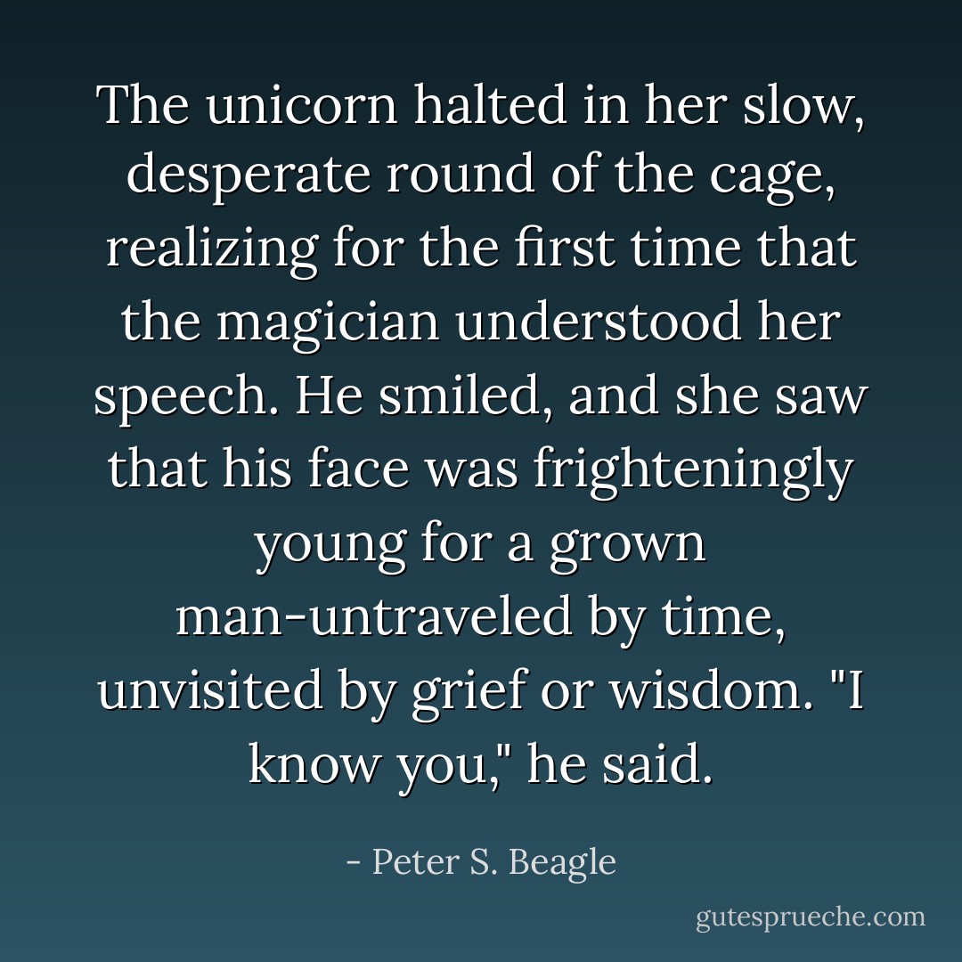 The unicorn halted in her slow, desperate round of the cage, realizing for the first time that the magician understood her speech. He smiled, and she saw that his face was frighteningly young for a grown man-untraveled by time, unvisited by grief or wisdom. "I know you," he said. - Peter S. Beagle