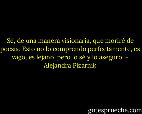 Sé, de una manera visionaria, que moriré de poesía. Esto no lo comprendo perfectamente, es vago, es lejano, pero lo sé y lo aseguro. - Alejandra Pizarnik