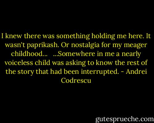 I knew there was something holding me here. It wasn't paprikash. Or nostalgia for my meager childhood... <br /><br />...Somewhere in me a nearly voiceless child was asking to know the rest of the story that had been interrupted. - Andrei Codrescu
