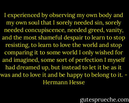 I experienced by observing my own body and my own soul that I sorely needed sin, sorely needed concupiscence, needed greed, vanity, and the most shameful despair to learn to stop resisting, to learn to love the world and stop comparing it to some world I only wished for and imagined, some sort of perfection I myself had dreamed up, but instead to let it be as it was and to love it and be happy to belong to it. - Hermann Hesse