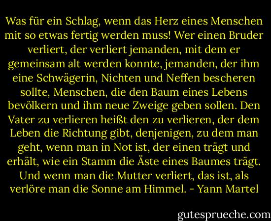 Was für ein Schlag, wenn das Herz eines Menschen mit so etwas fertig werden muss!<br />Wer einen Bruder verliert, der verliert jemanden, mit dem er gemeinsam alt werden konnte, jemanden, der ihm eine Schwägerin, Nichten und Neffen bescheren sollte, Menschen, die den Baum eines Lebens bevölkern und ihm neue Zweige geben sollen.<br />Den Vater zu verlieren heißt den zu verlieren, der dem Leben die Richtung gibt, denjenigen, zu dem man geht, wenn man in Not ist, der einen trägt und erhält, wie ein Stamm die Äste eines Baumes trägt.<br />Und wenn man die Mutter verliert, das ist, als verlöre man die Sonne am Himmel. - Yann Martel