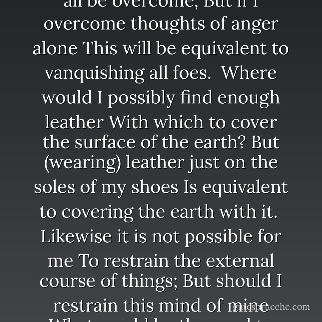 Unruly beings are as unlimited as space<br />They cannot possibly all be overcome,<br />But if I overcome thoughts of anger alone<br />This will be equivalent to vanquishing all foes.<br /><br />Where would I possibly find enough leather<br />With which to cover the surface of the earth?<br />But (wearing) leather just on the soles of my shoes<br />Is equivalent to covering the earth with it.<br /><br />Likewise it is not possible for me<br />To restrain the external course of things;<br />But should I restrain this mind of mine<br />What would be the need to restrain all else? - Śāntideva