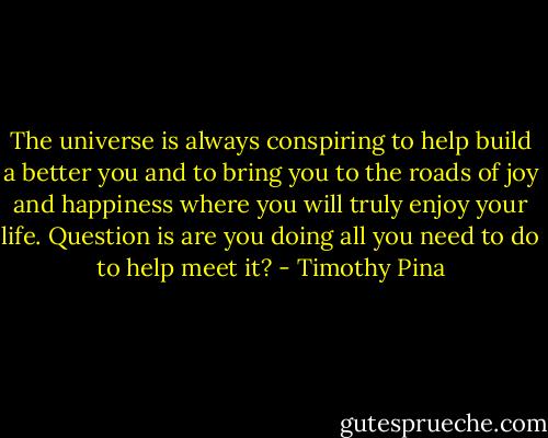 The universe is always conspiring to help build a better you and to bring you to the roads of joy and happiness where you will truly enjoy your life. Question is are you doing all you need to do to help meet it? - Timothy Pina