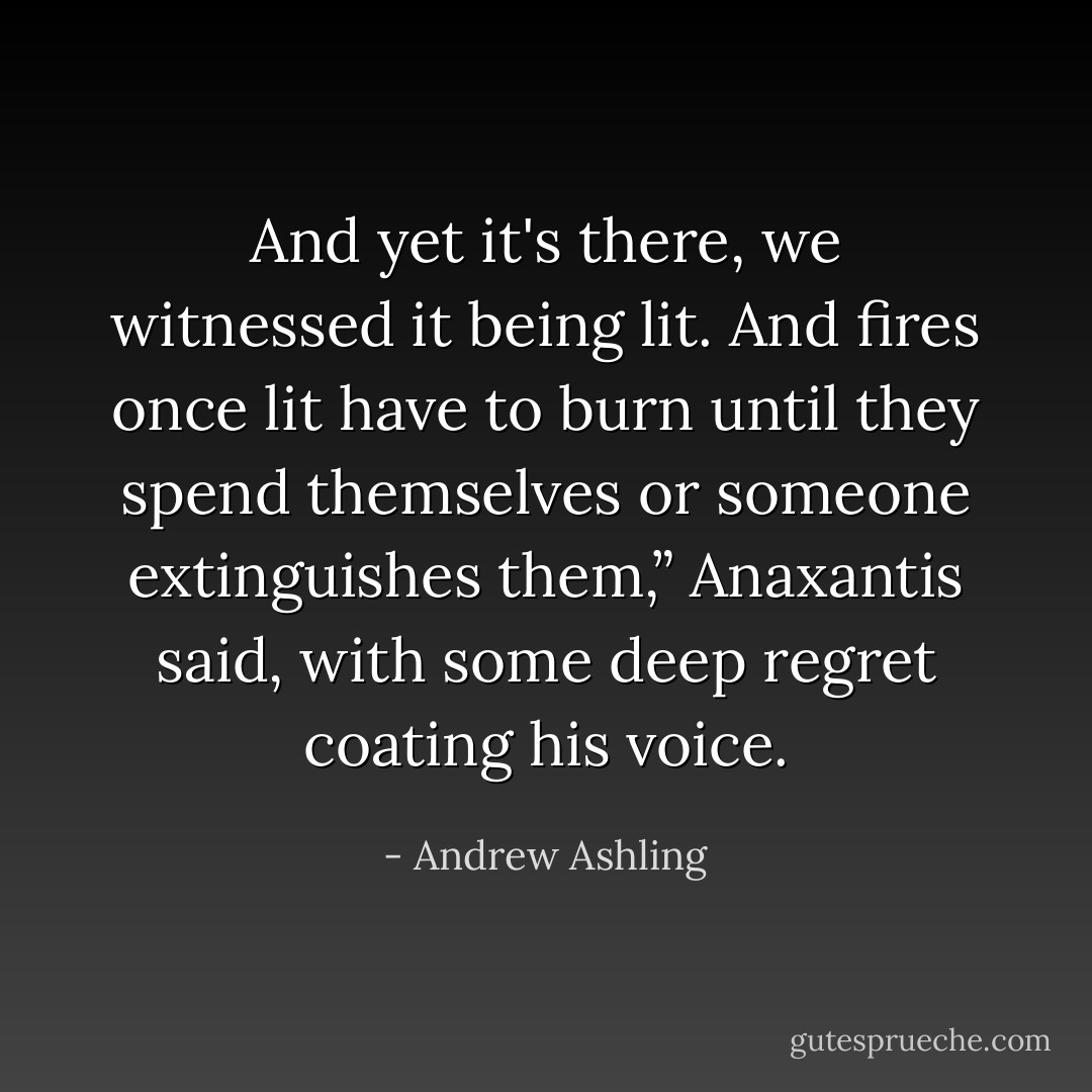 And yet it's there, we witnessed it being lit. And fires once lit have to burn until they spend themselves or someone extinguishes them,” Anaxantis said, with some deep regret coating his voice. - Andrew Ashling