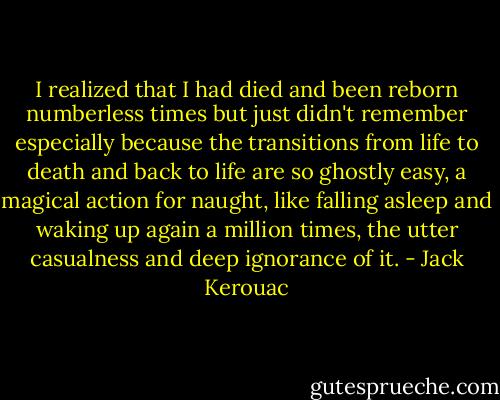 I realized that I had died and been reborn numberless times but just didn't remember especially because the transitions from life to death and back to life are so ghostly easy, a magical action for naught, like falling asleep and waking up again a million times, the utter casualness and deep ignorance of it. - Jack Kerouac