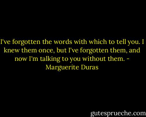 I've forgotten the words with which to tell you. I knew them once, but I've forgotten them, and now I'm talking to you without them. - Marguerite Duras