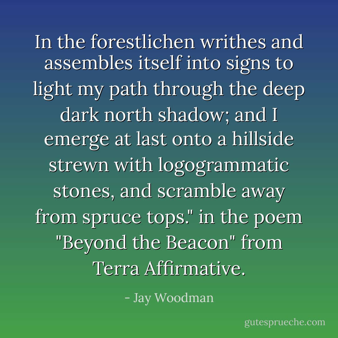 In the forestlichen writhes and assembles itself into signs to light my path through the deep dark north shadow; and I emerge at last onto a hillside strewn with logogrammatic stones, and scramble away from spruce tops." in the poem "Beyond the Beacon" from Terra Affirmative. - Jay Woodman