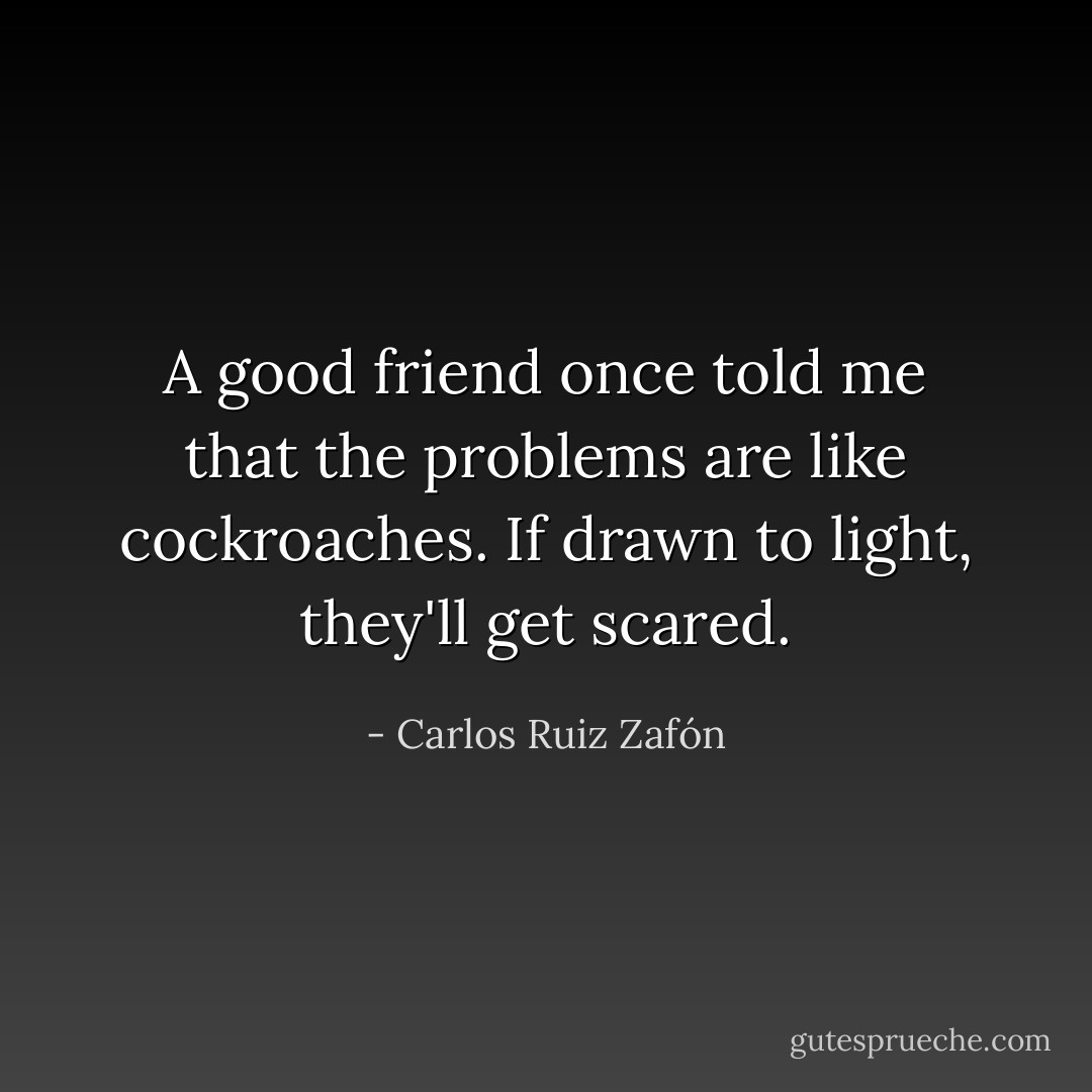 A good friend once told me that the problems are like cockroaches. If drawn to light, they'll get scared. - Carlos Ruiz Zafón