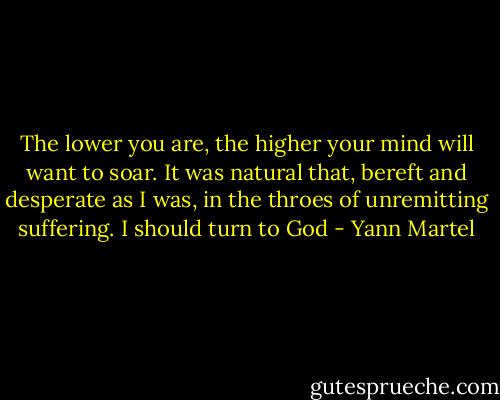 The lower you are, the higher your mind will want to soar. It was natural that, bereft and desperate as I was, in the throes of unremitting suffering. I should turn to God - Yann Martel