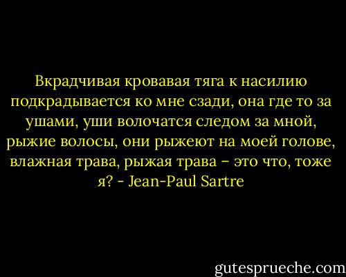 Вкрадчивая кровавая тяга к насилию подкрадывается ко мне сзади, она где то за ушами, уши волочатся следом за мной, рыжие волосы, они рыжеют на моей голове, влажная трава, рыжая трава – это что, тоже я? - Jean-Paul Sartre
